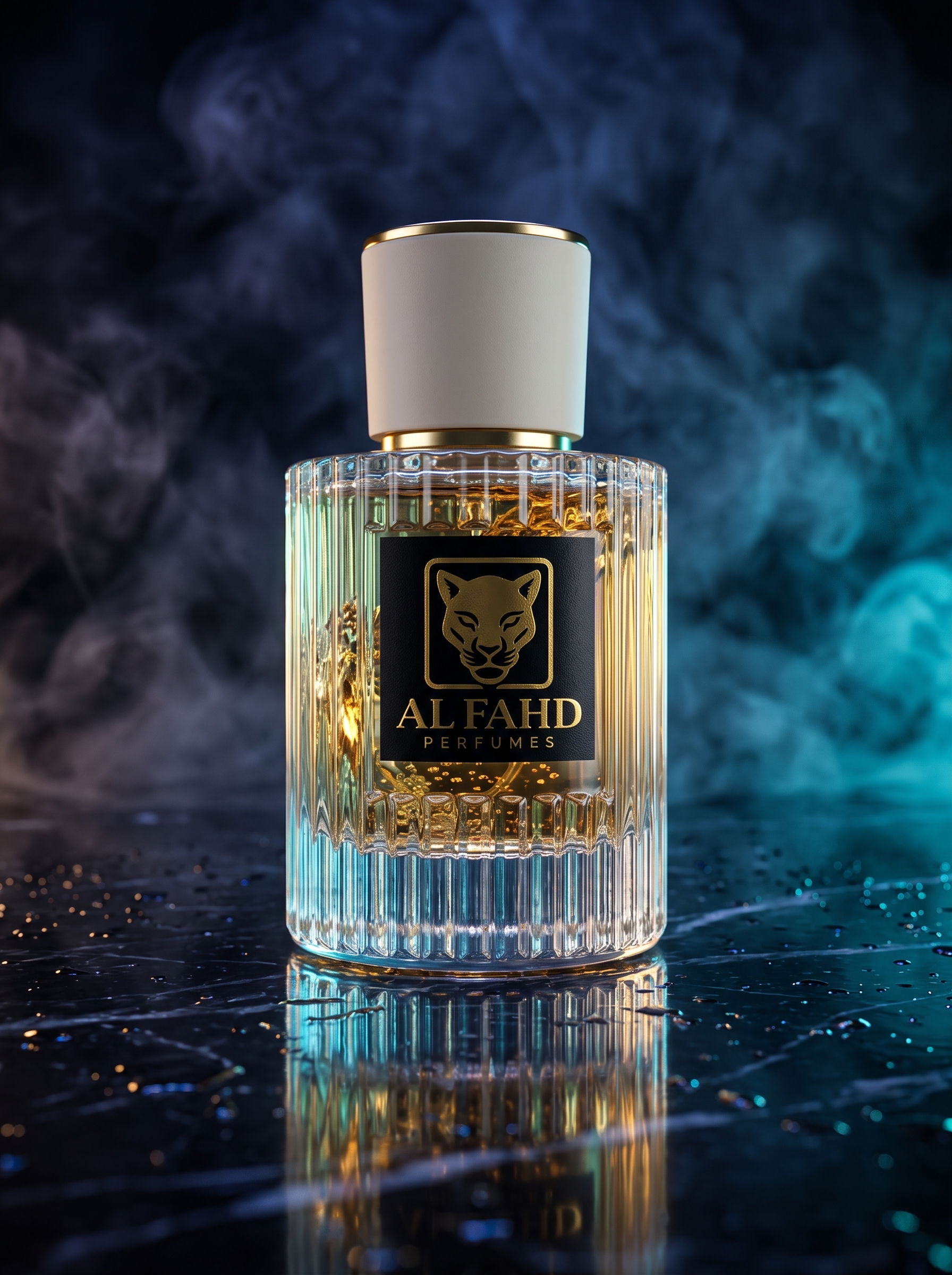 زجاجة عطر الفهد على خلفية دخانية